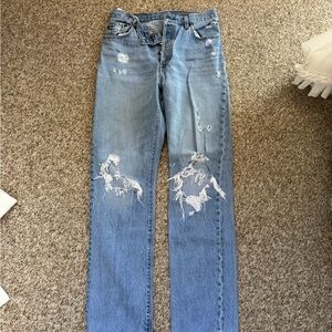 Levi's Blue Straight Leg Jeans with Distressed Detailing